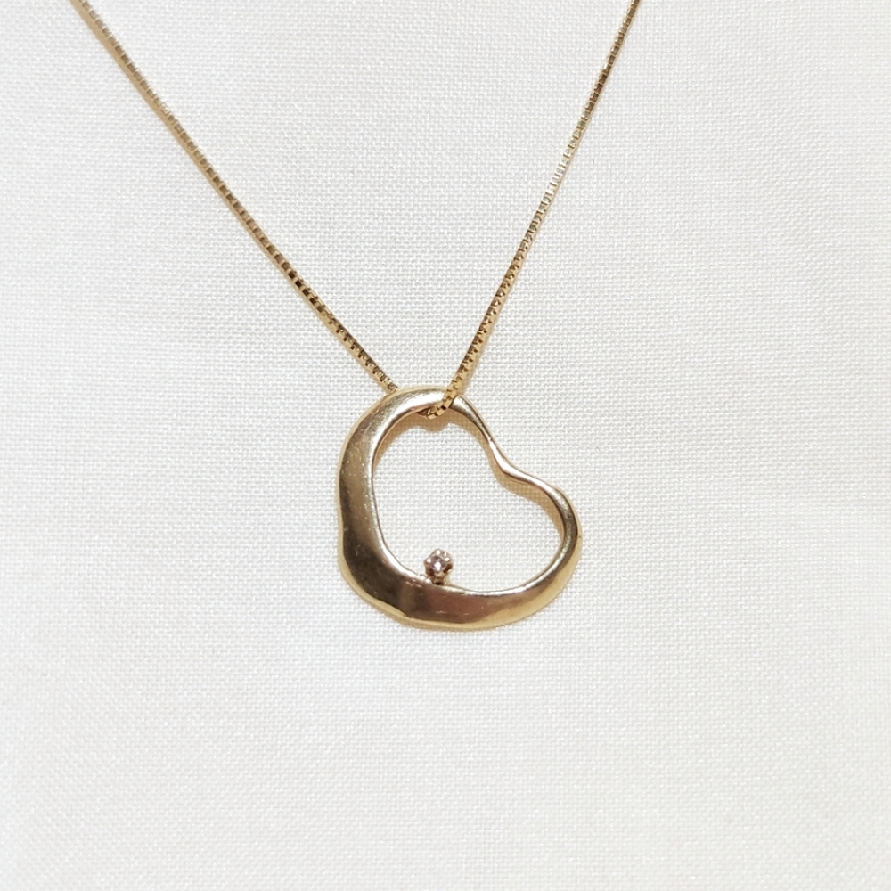 Solid 14k Open Heart Pendant With Tiny Crystal Ne… - image 2